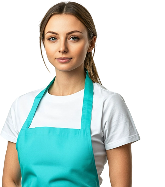 Сотрудница клининга в бирюзовом фартуке