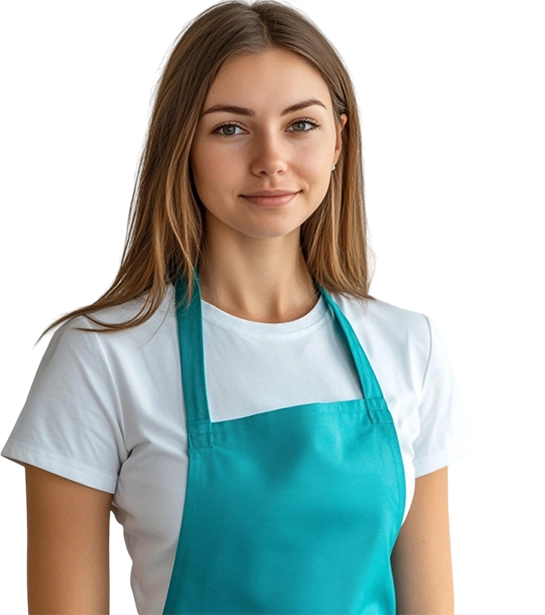 Клинер с длинными волосами в бирюзовом фартуке