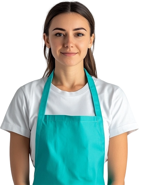 Сотрудница клининга в бирюзовом фирменном фартуке