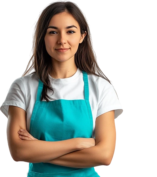 Клинер компании ЭкспертЧистоты в фирменном фартуке