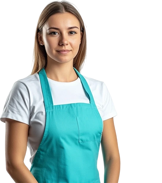 Улыбающийся клинер в белой футболке и бирюзовом фартуке