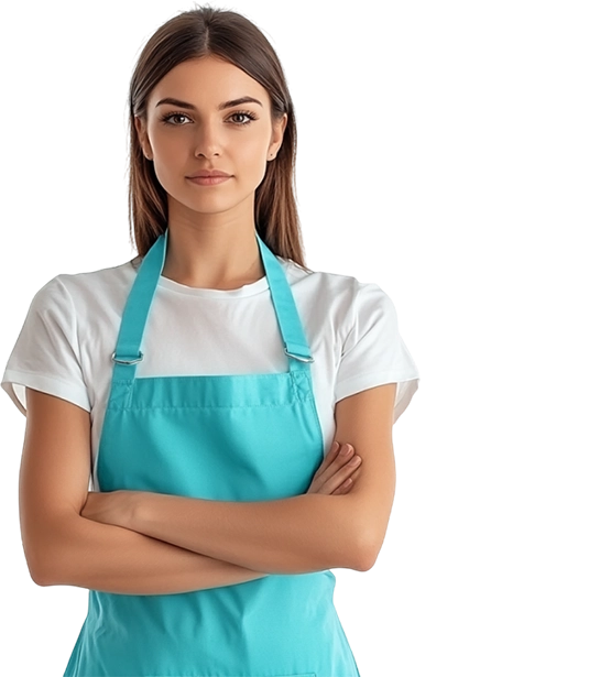 Клинер со скрещенными руками в бирюзовом фартуке