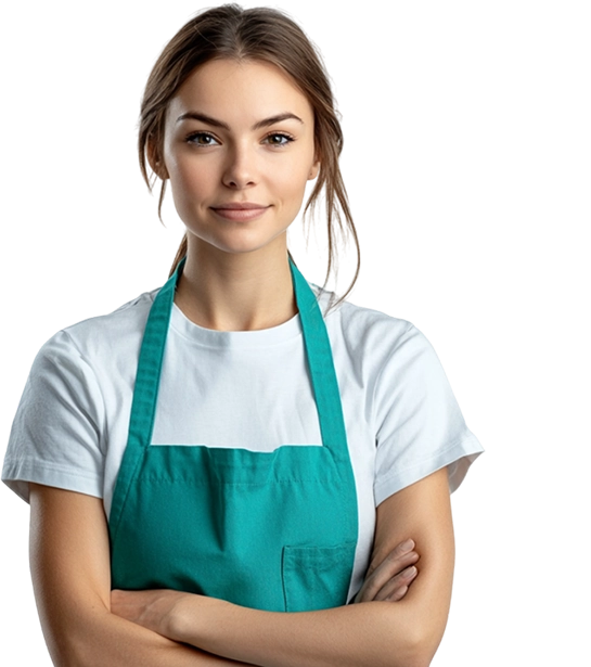 Улыбающаяся сотрудница клининга в бирюзовом фартуке со скрещенными руками
