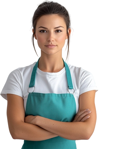 Сотрудница клининга в бирюзовом фартуке, руки скрещены
