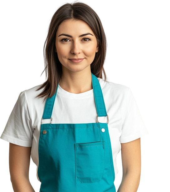 Клинер компании в бирюзовом фартуке