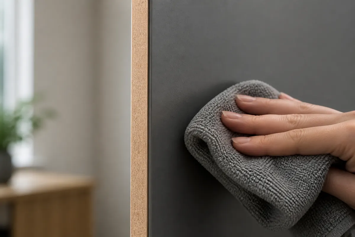 Крупный план торца МДФ-фасада и матового soft-touch покрытия при протирке слегка влажной тканью
