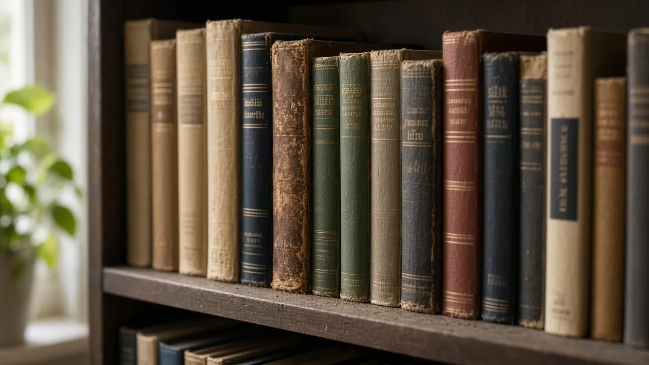 Пыль на корешках книг на домашнем стеллаже