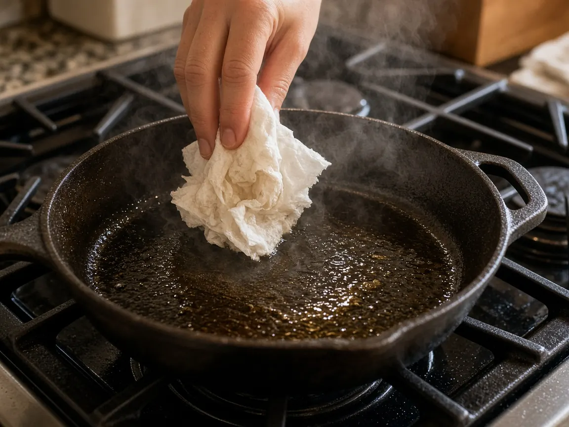 Прокаливание чугунной сковороды с маслом на плите
